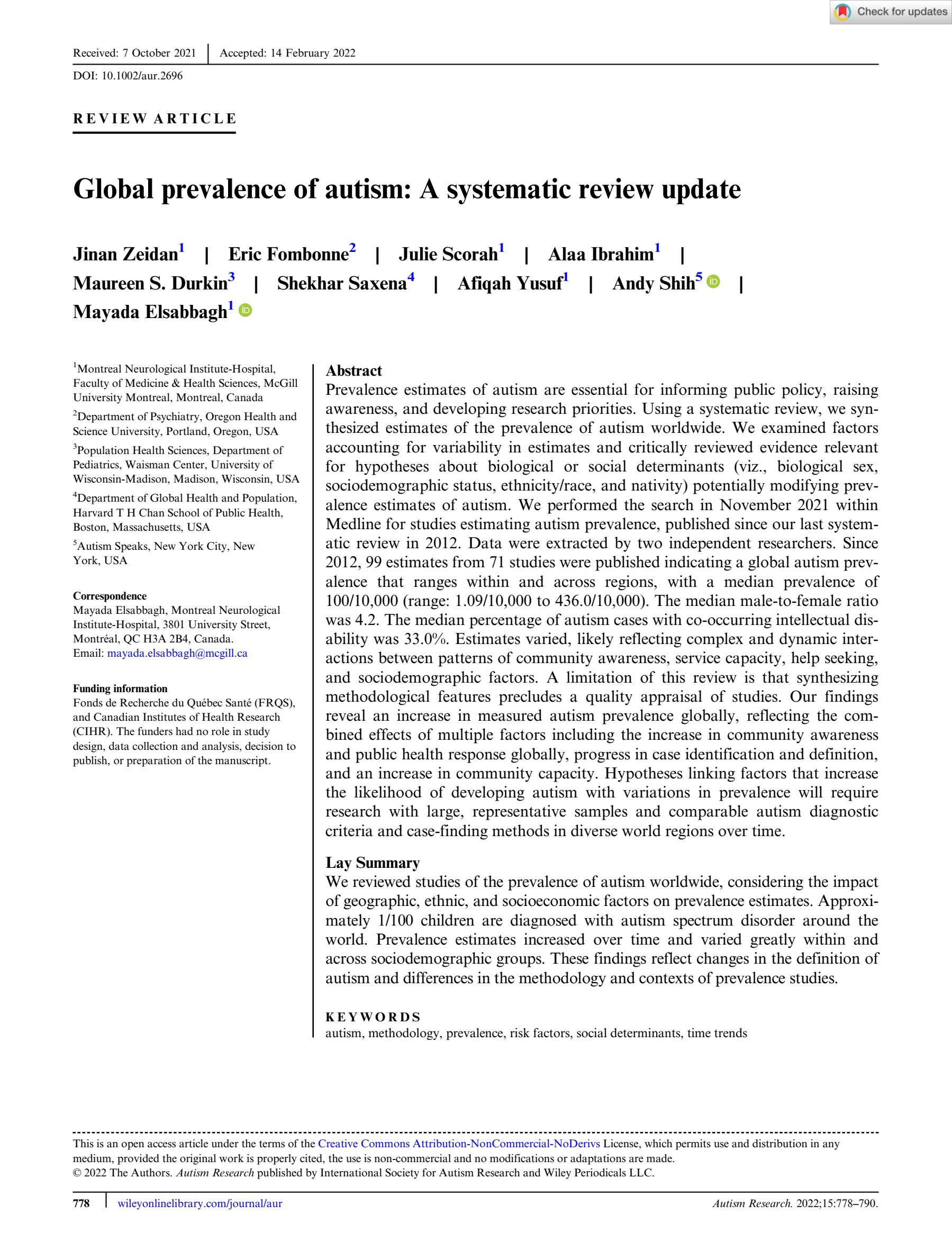 Global prevalence of autism: A systematic review update
